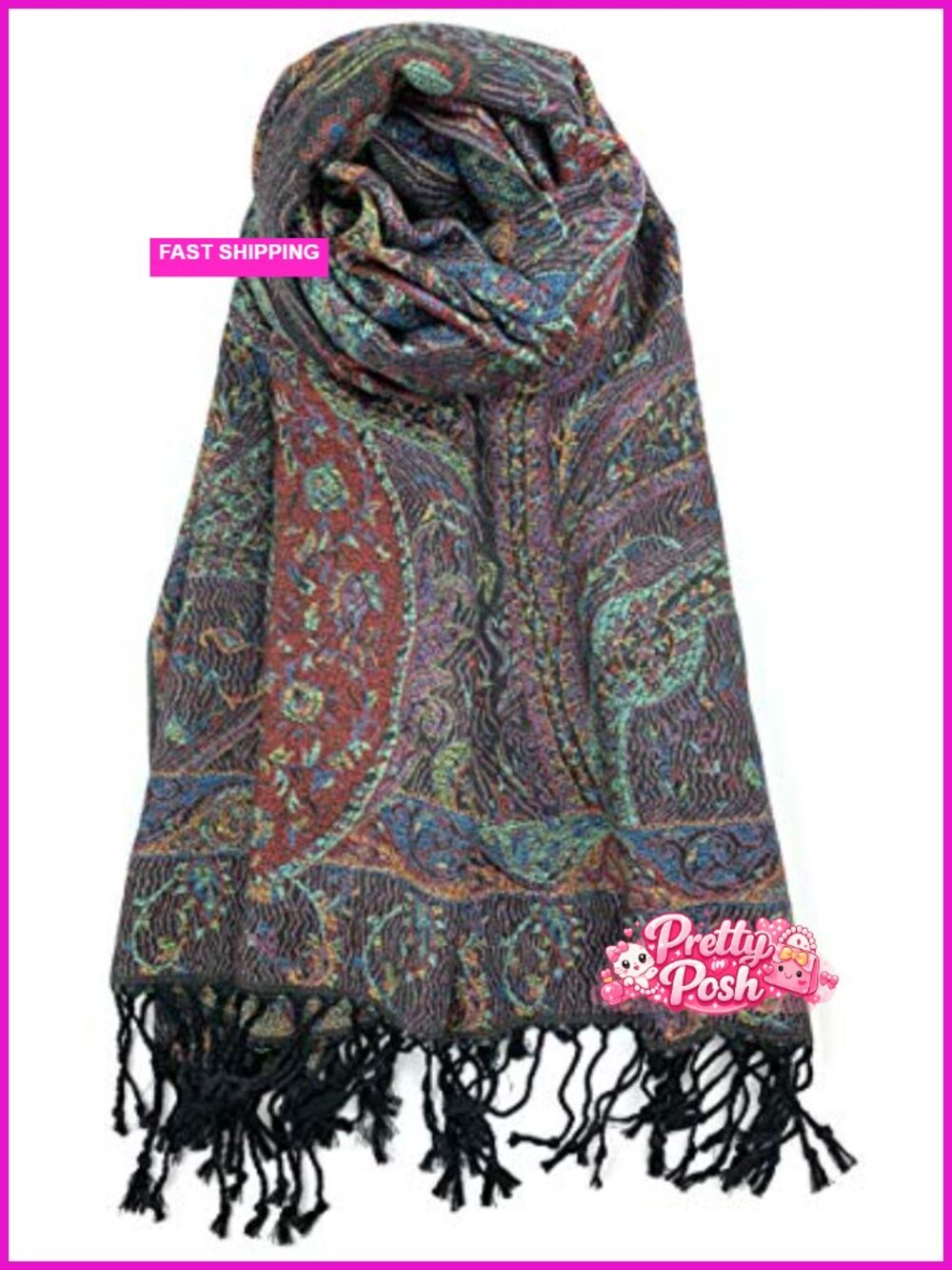 Viscose Acrylic Pashmina Shawl Wrap with Fringes Paisley Tapestry